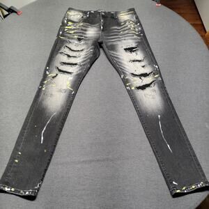 Damati Moto Distressed Jeans Black Paint Splatter Mens W34 L30